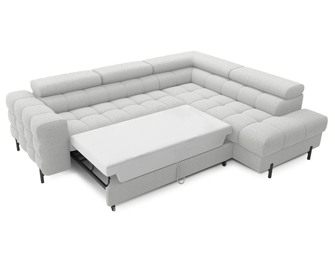 Canapé d'angle droit 5 places convertible avec coffre et têtières réglables en tissu bouclette Elisa