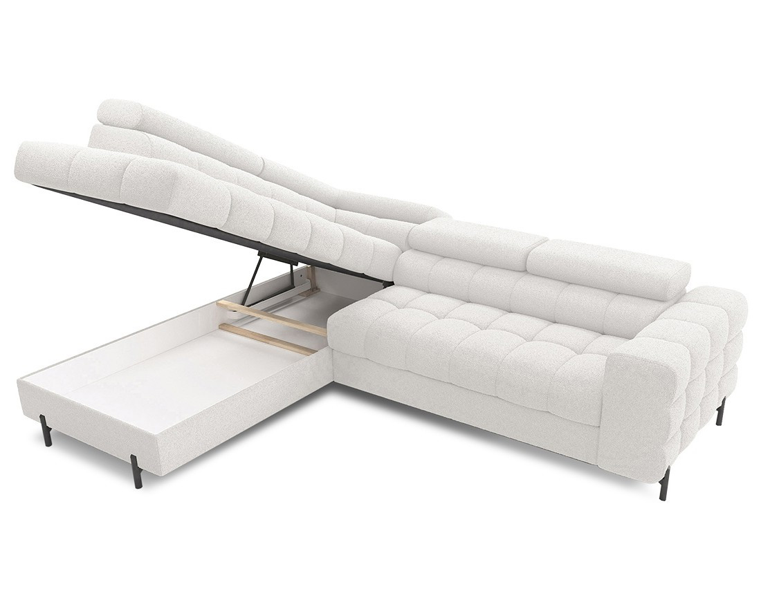 Canapé d'angle gauche 5 places convertible avec coffre et têtières réglables en tissu bouclette Elisa