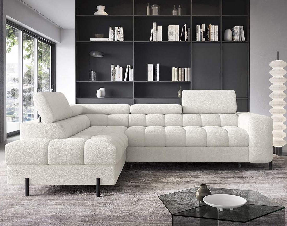 Canapé d'angle gauche 5 places convertible avec coffre et têtières réglables en tissu bouclette Elisa