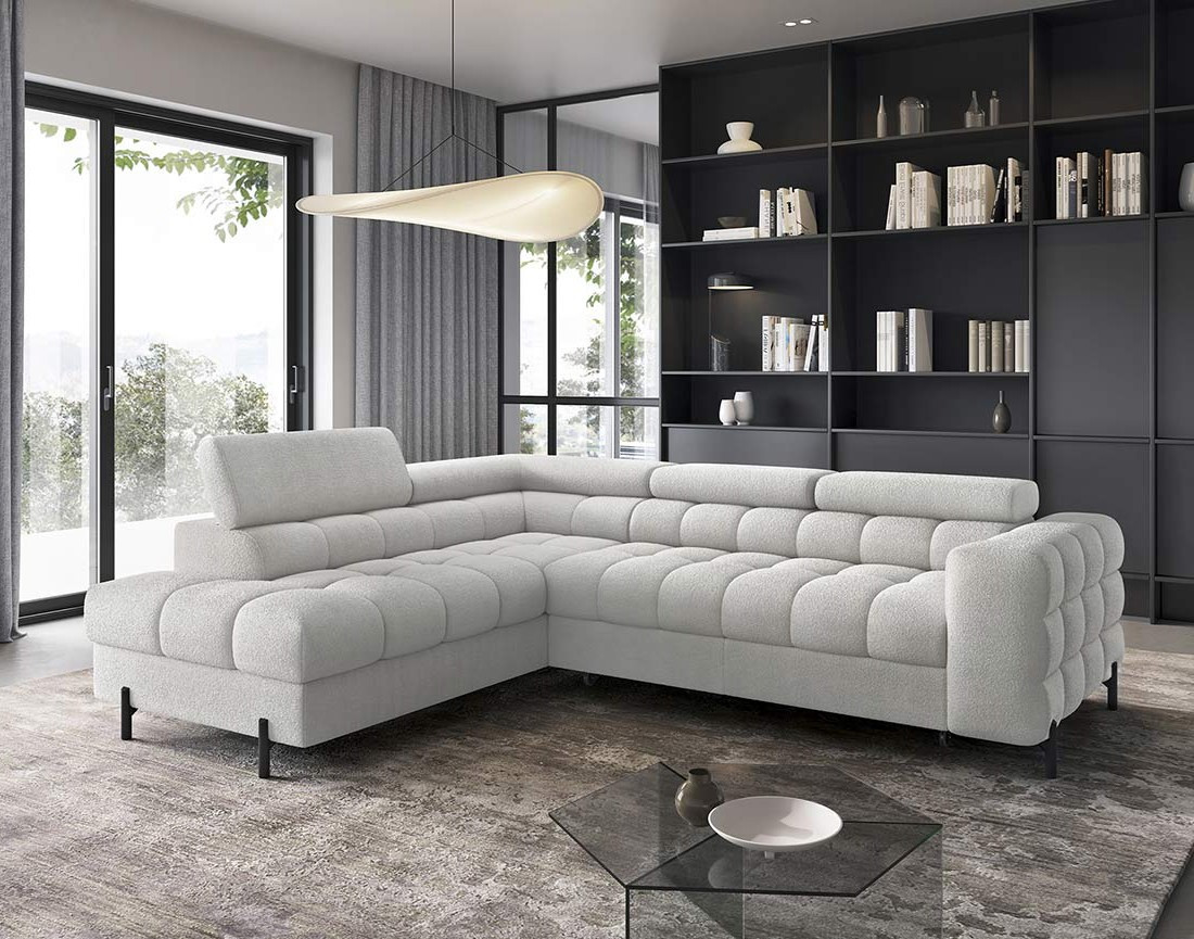 Canapé d'angle gauche 5 places convertible avec coffre et têtières réglables en tissu bouclette Elisa