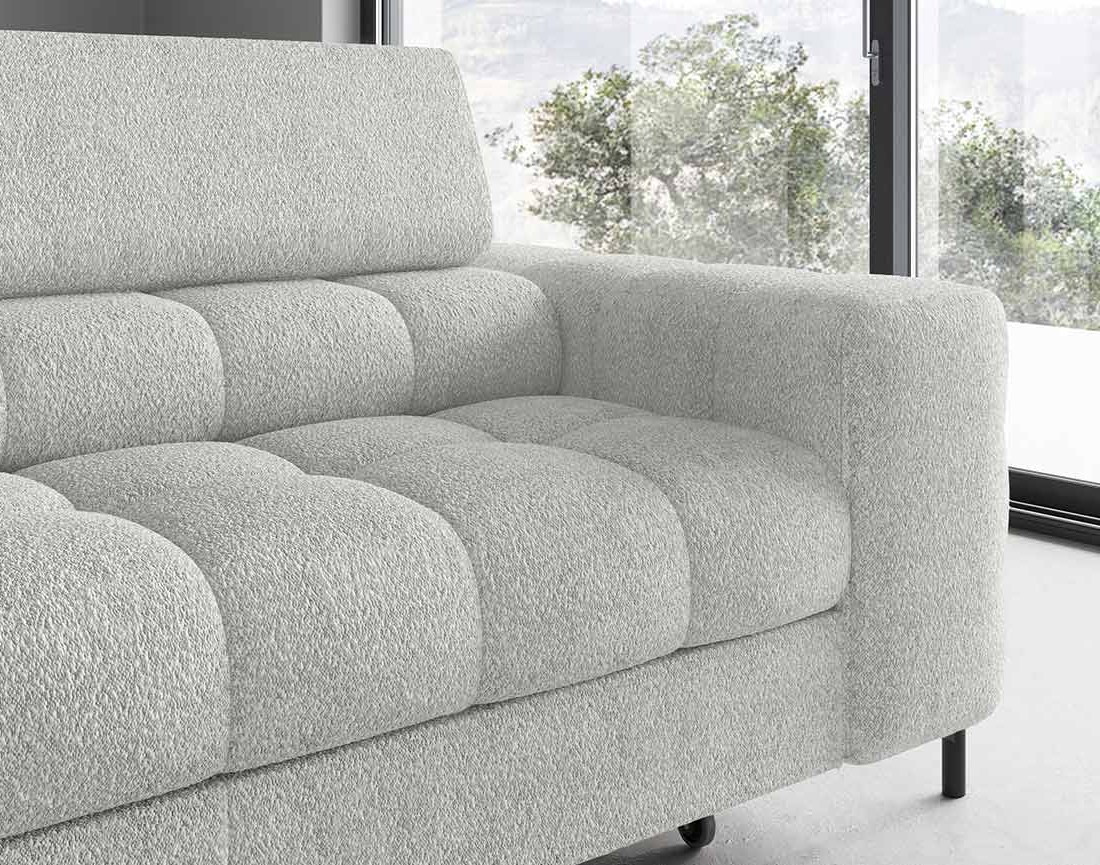 Canapé d'angle gauche 5 places convertible avec coffre et têtières réglables en tissu bouclette Elisa