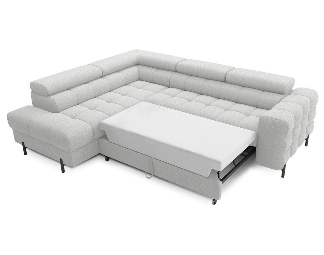 Canapé d'angle gauche 5 places convertible avec coffre et têtières réglables en tissu bouclette Elisa