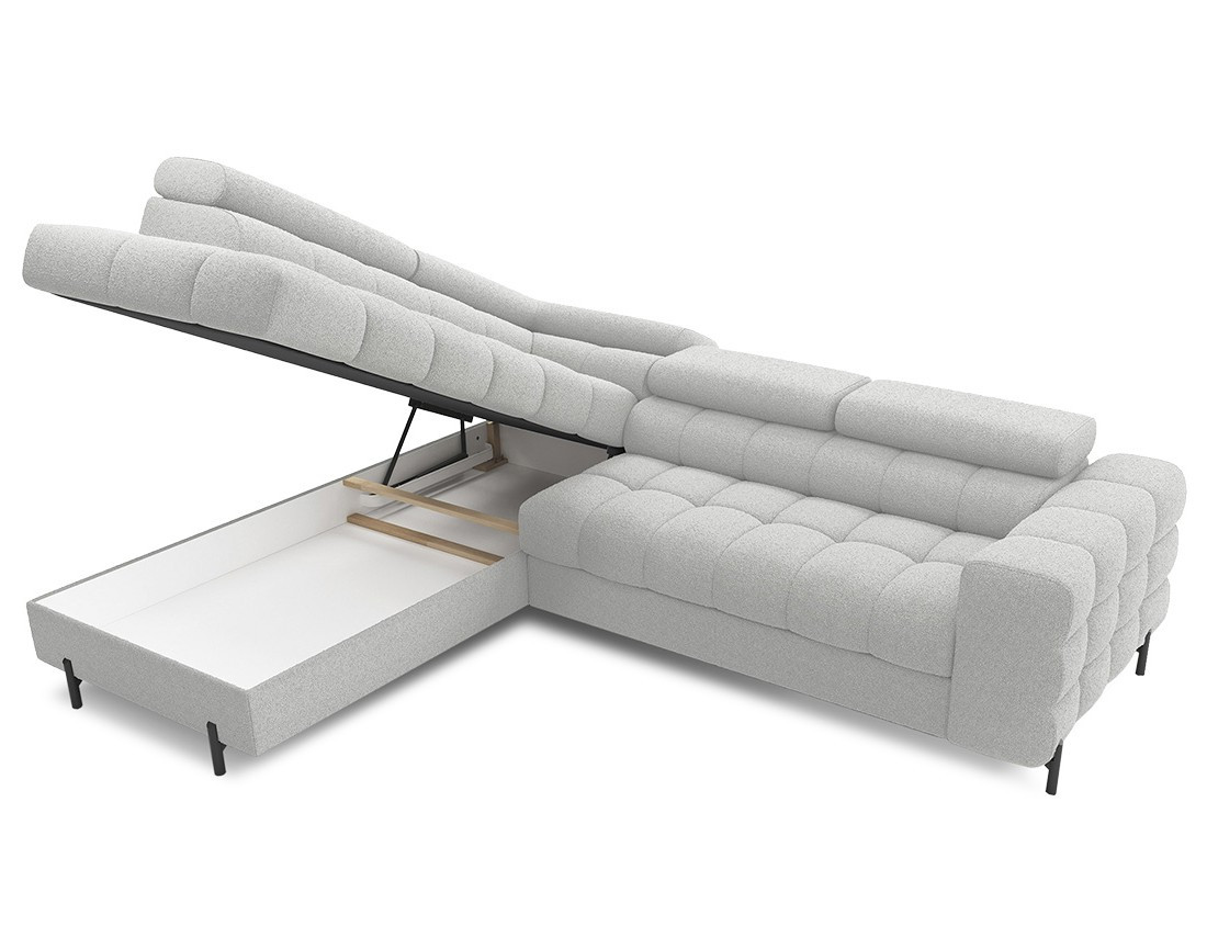 Canapé d'angle gauche 5 places convertible avec coffre et têtières réglables en tissu bouclette Elisa