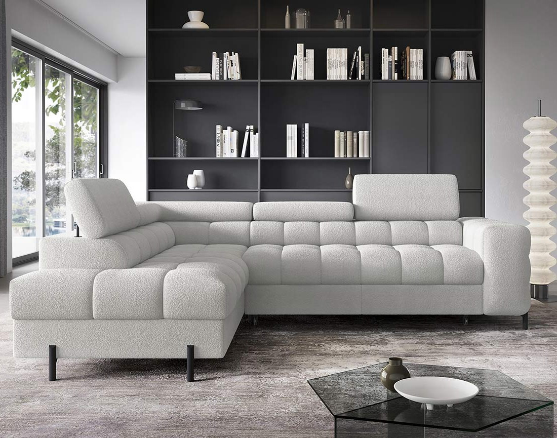 Canapé d'angle gauche 5 places convertible avec coffre et têtières réglables en tissu bouclette Elisa
