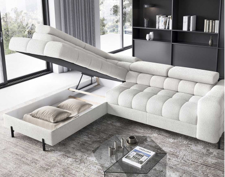 Canapé d'angle gauche 5 places convertible avec coffre et têtières réglables en tissu bouclette Elisa
