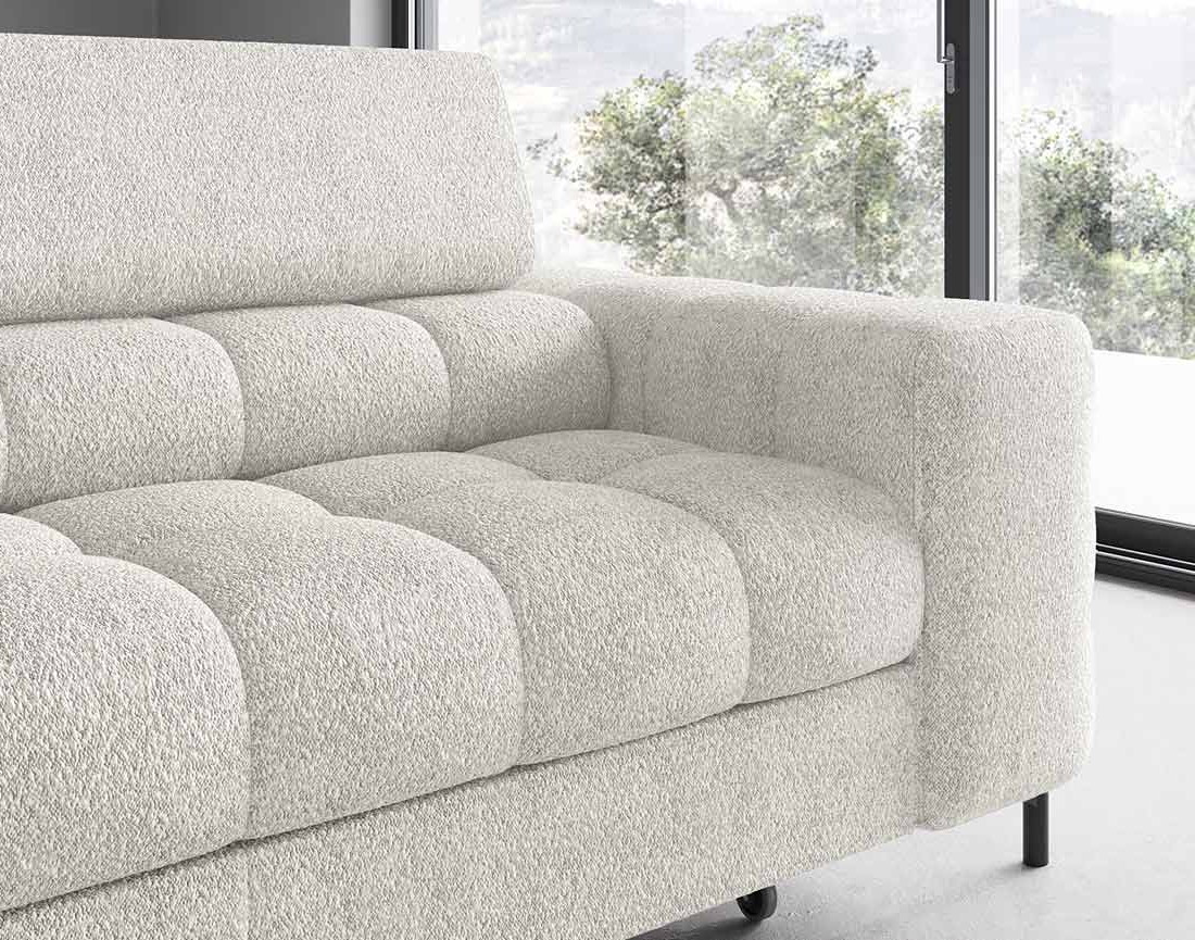 Canapé d'angle gauche 5 places convertible avec coffre et têtières réglables en tissu bouclette Elisa