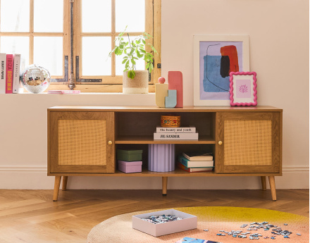 Meuble TV bois et cannage 140 cm Goto