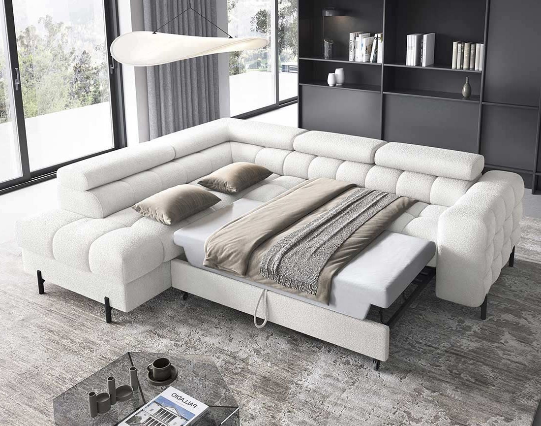 Canapé d'angle gauche 5 places convertible avec coffre et têtières réglables en tissu bouclette Elisa