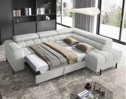 Canapé d'angle droit 5 places convertible avec coffre et têtières réglables en tissu bouclette Elisa