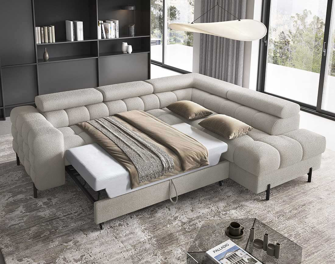 Canapé d'angle droit 5 places convertible avec coffre et têtières réglables en tissu bouclette Elisa