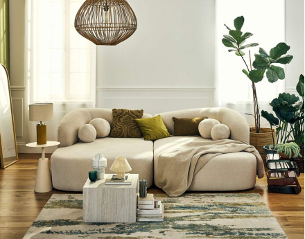 Canapé droit 4 places avec double méridienne en velours texturé Charles