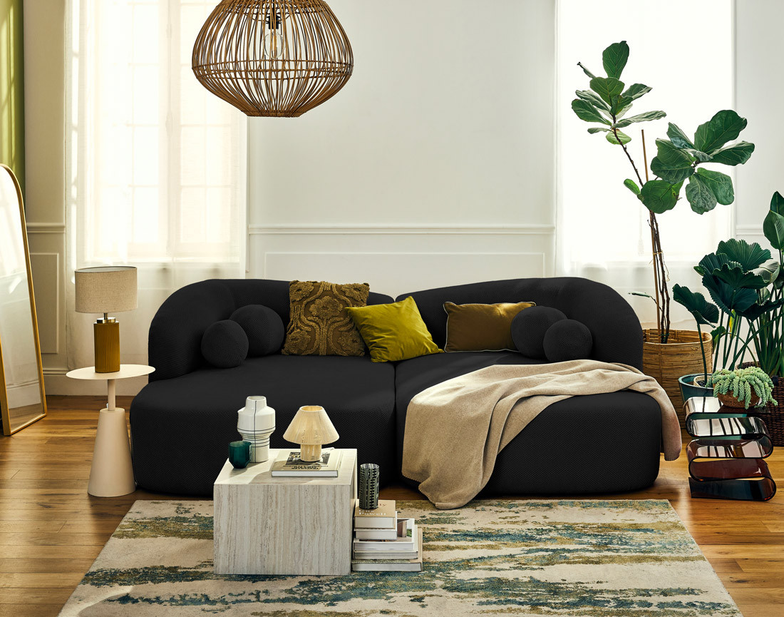 Canapé droit 4 places avec double méridienne en velours texturé Charles