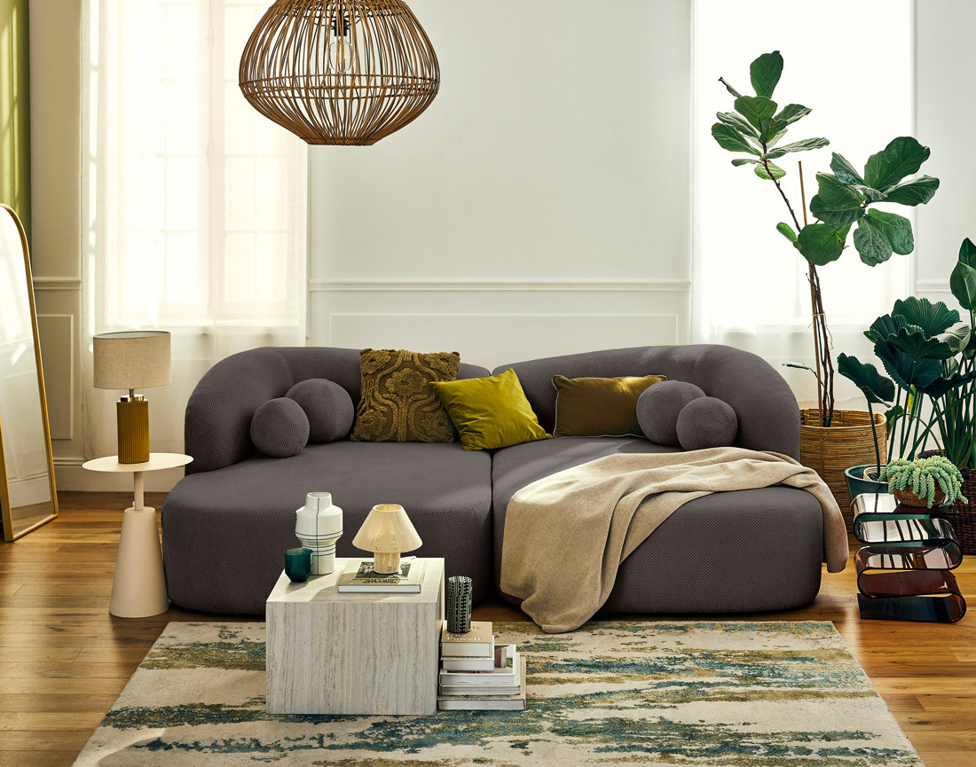 Canapé droit 4 places avec double méridienne en velours texturé Charles