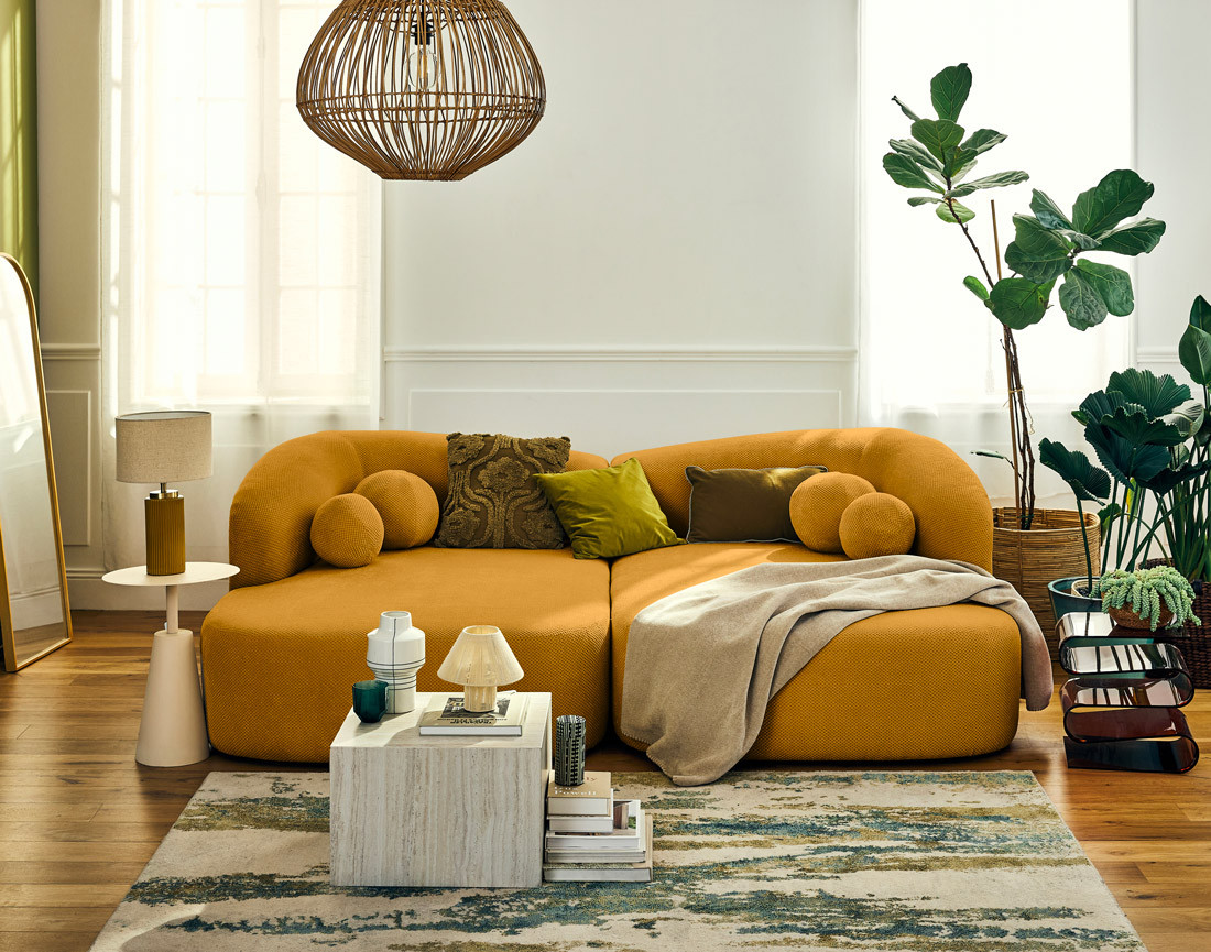 Canapé droit 4 places avec double méridienne en velours texturé Charles