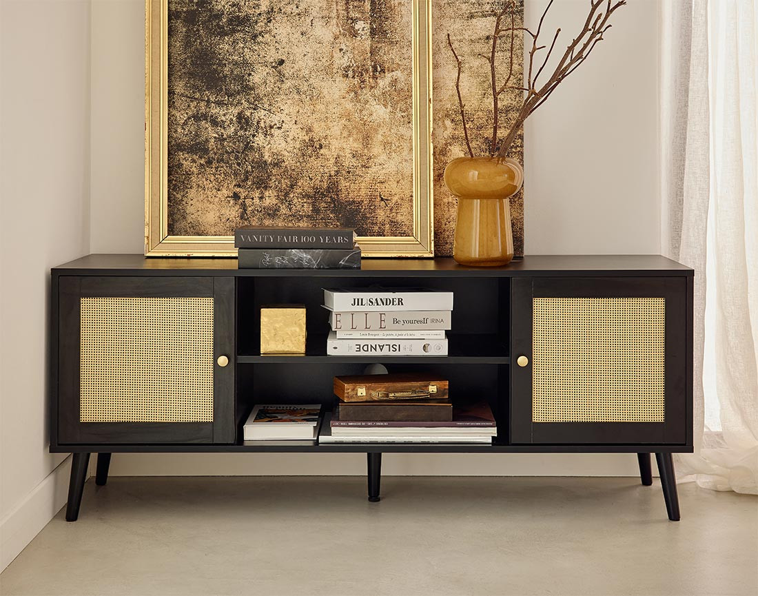 Meuble TV noir et cannage 140 cm Goto