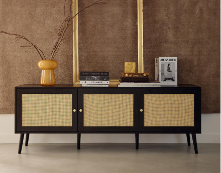 Meuble TV noir et cannage 167 cm Goto