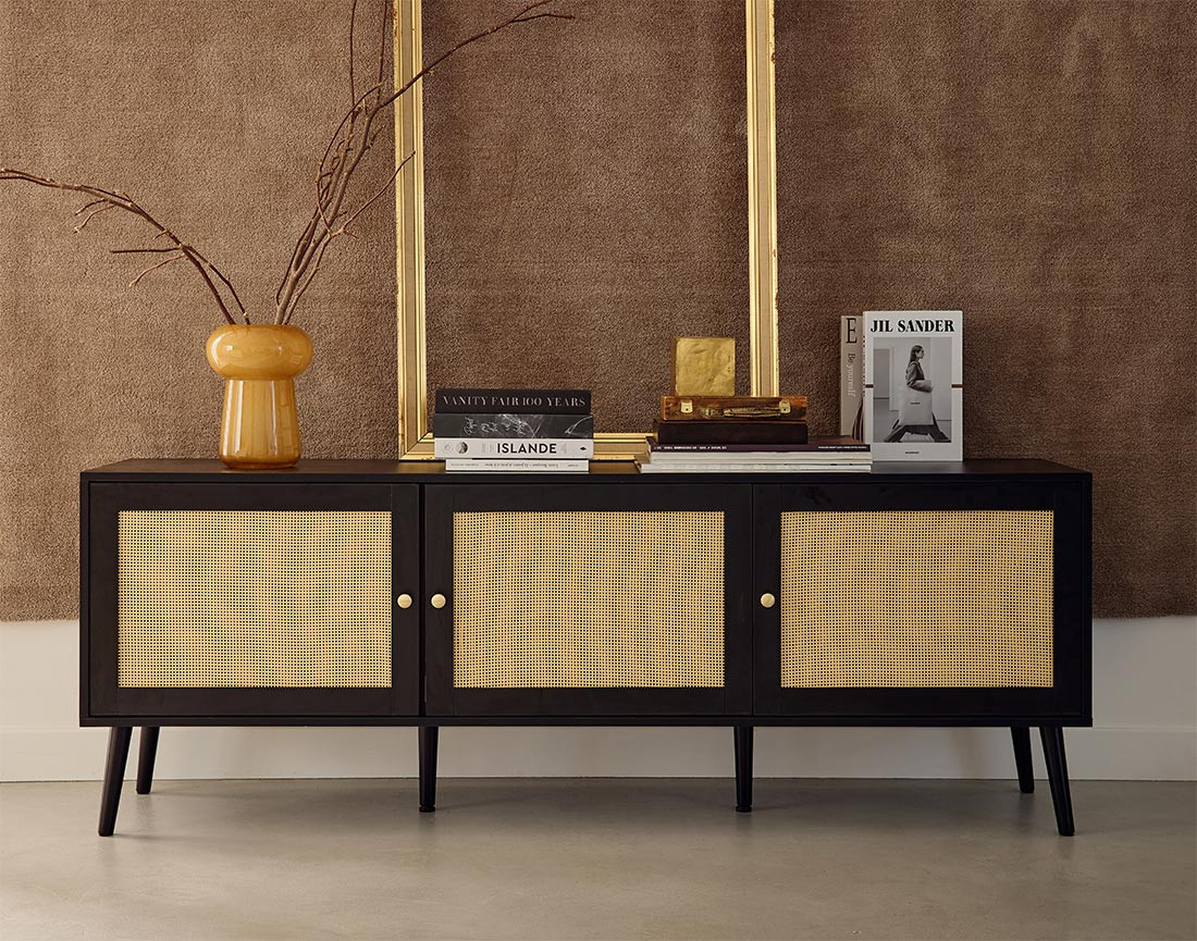 Meuble TV noir et cannage 167 cm Goto