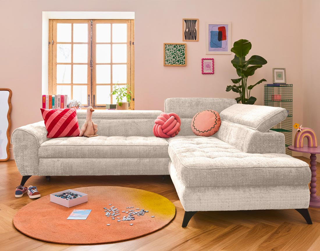 Canapé d'angle droit convertible avec coffre en velours texturé Marlo