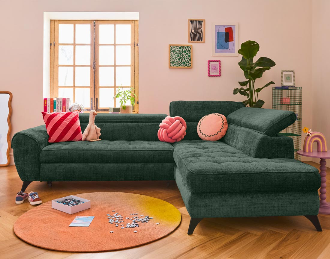 Canapé d'angle droit convertible avec coffre en velours texturé Marlo