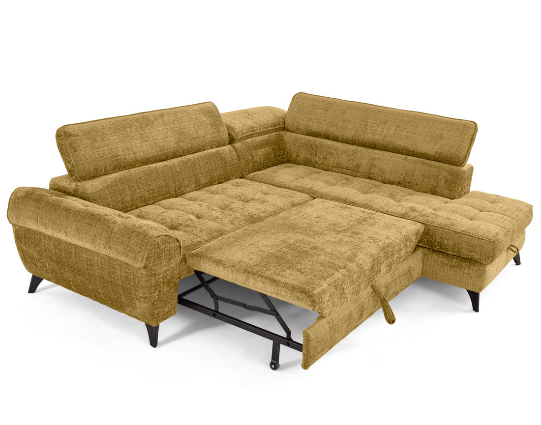 Canapé d'angle droit convertible avec coffre en velours texturé Marlo