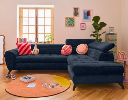 Canapé d'angle droit convertible avec coffre en velours texturé Marlo