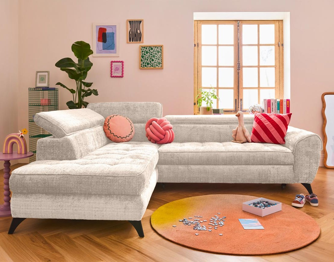 Canapé d'angle gauche convertible avec coffre en velours texturé Marlo