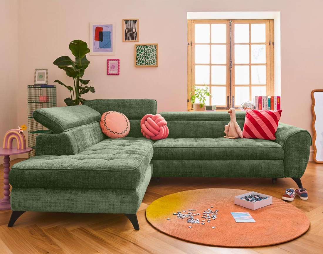 Canapé d'angle gauche convertible avec coffre en velours texturé Marlo