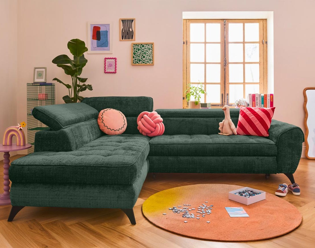 Canapé d'angle gauche convertible avec coffre en velours texturé Marlo