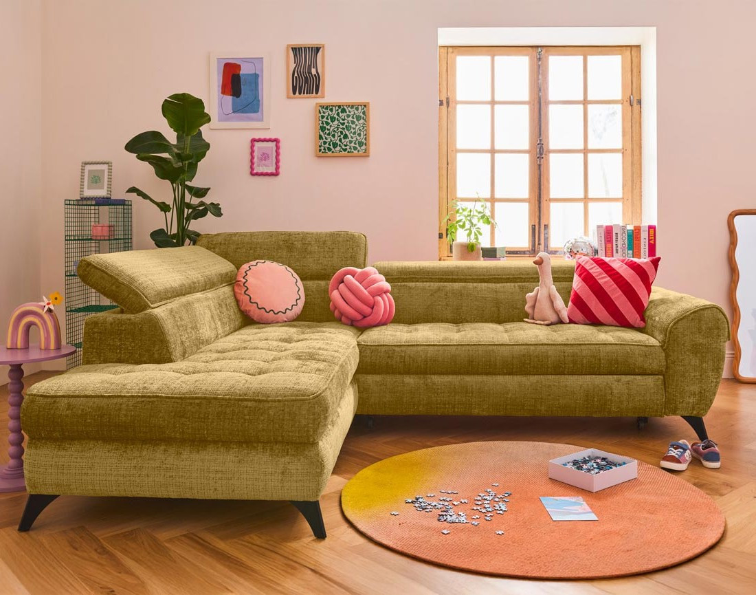 Canapé d'angle gauche convertible avec coffre en velours texturé Marlo