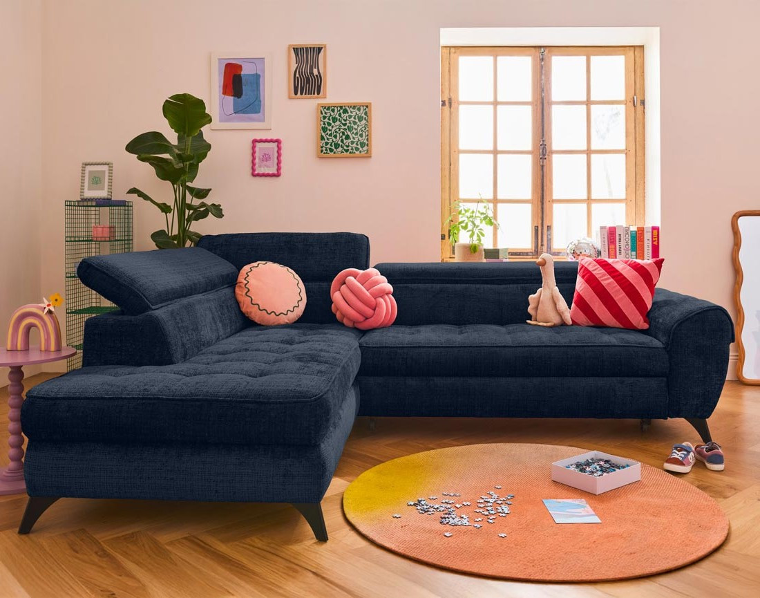 Canapé d'angle gauche convertible avec coffre en velours texturé Marlo