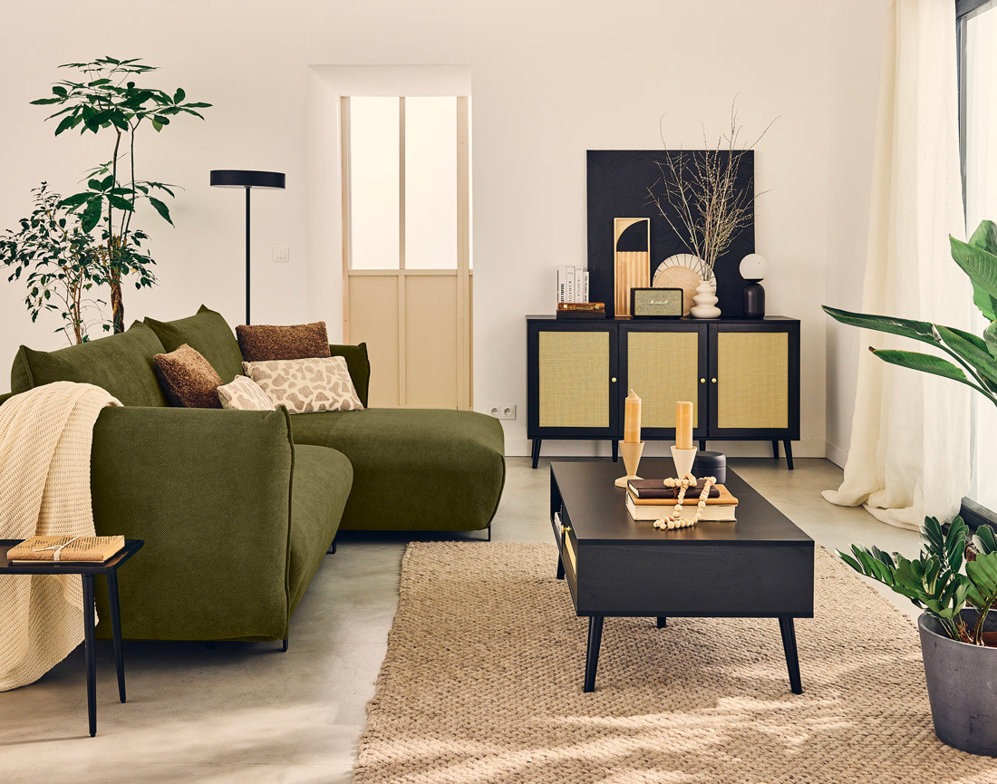 Canapé d'angle droit 4 places convertible avec coffre en tissu Gianni