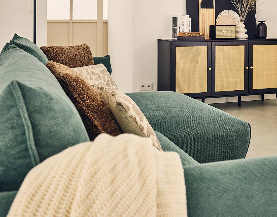 Canapé d'angle droit 4 places convertible avec coffre en tissu Gianni