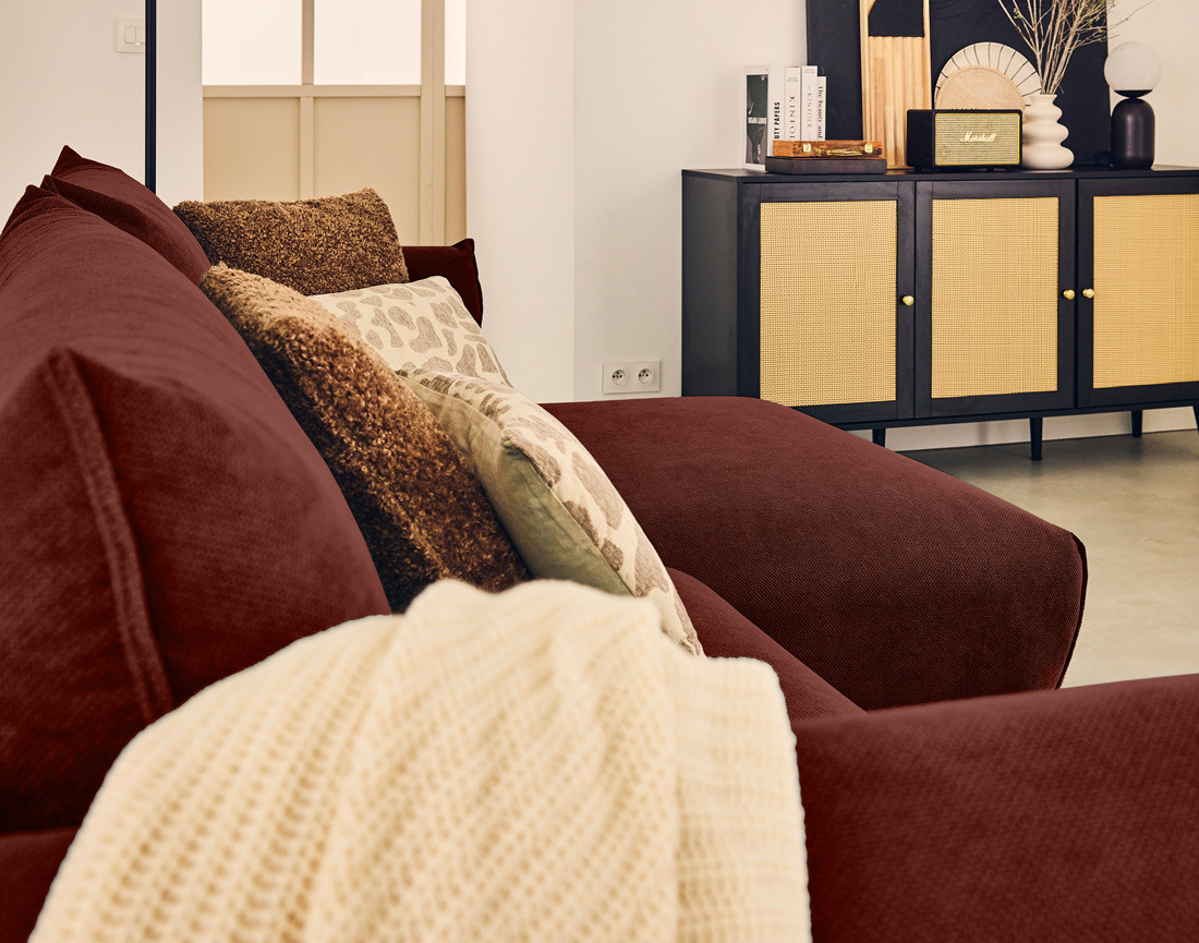 Canapé d'angle droit 4 places convertible avec coffre en tissu Gianni