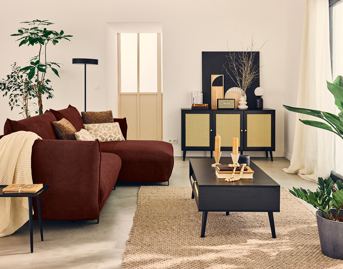 Canapé d'angle droit 4 places convertible avec coffre en tissu Gianni