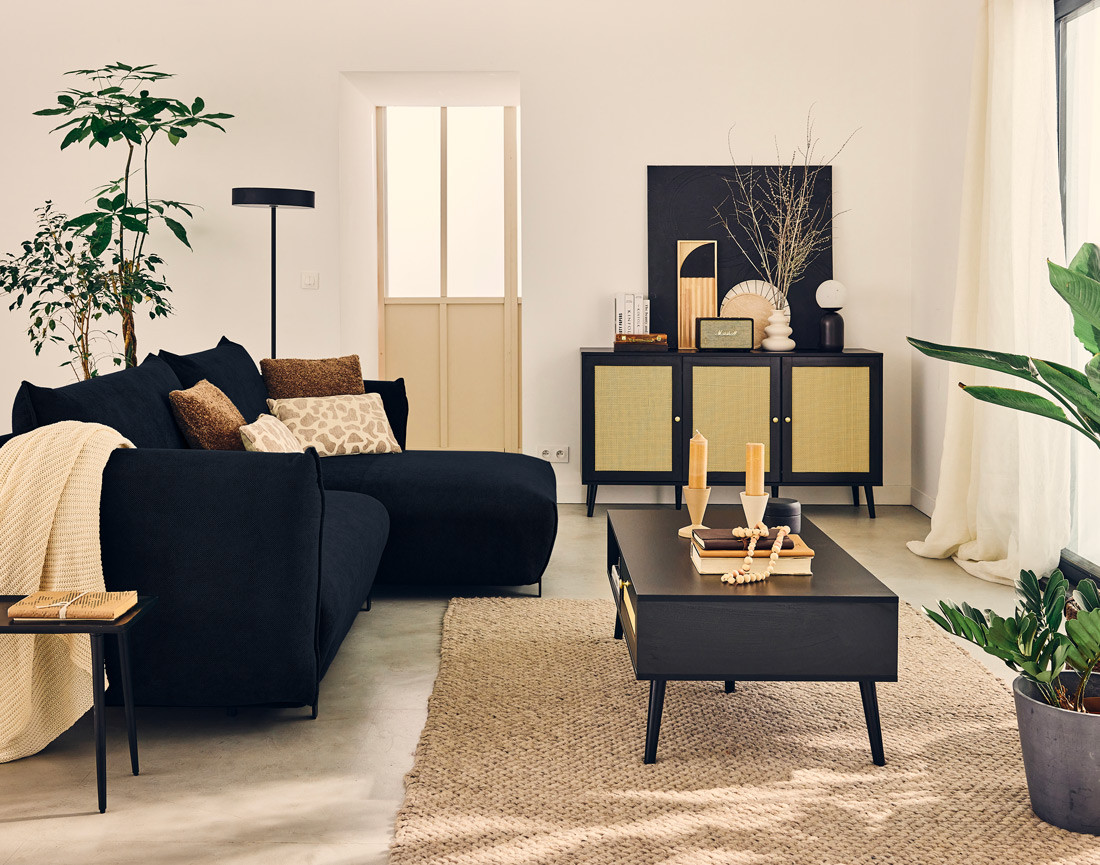 Canapé d'angle droit 4 places convertible avec coffre en tissu Gianni