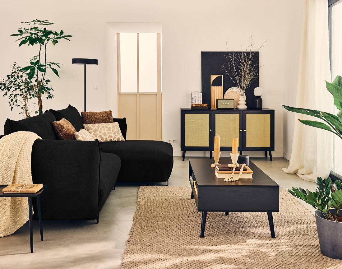 Canapé d'angle droit 4 places convertible avec coffre en tissu Gianni