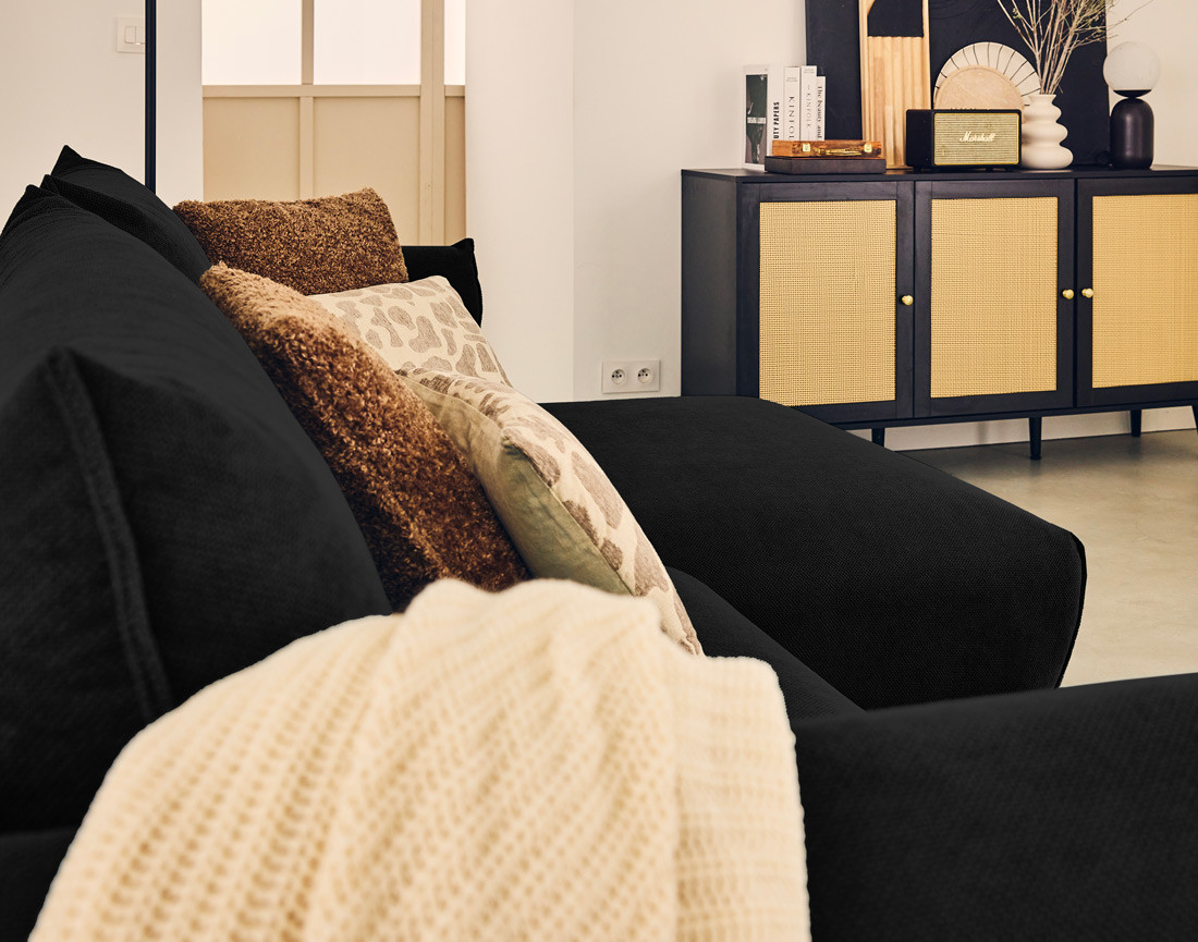 Canapé d'angle droit 4 places convertible avec coffre en tissu Gianni