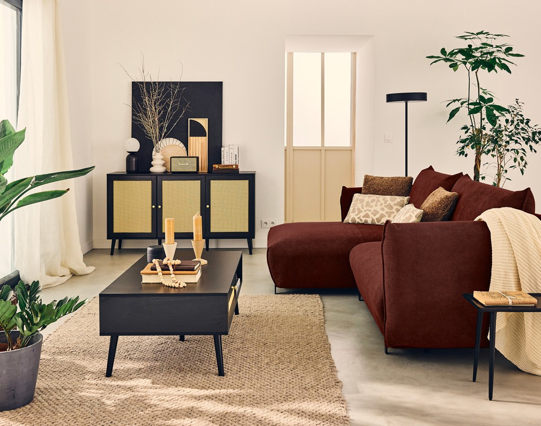 Canapé d'angle gauche 4 places convertible avec coffre en tissu Gianni