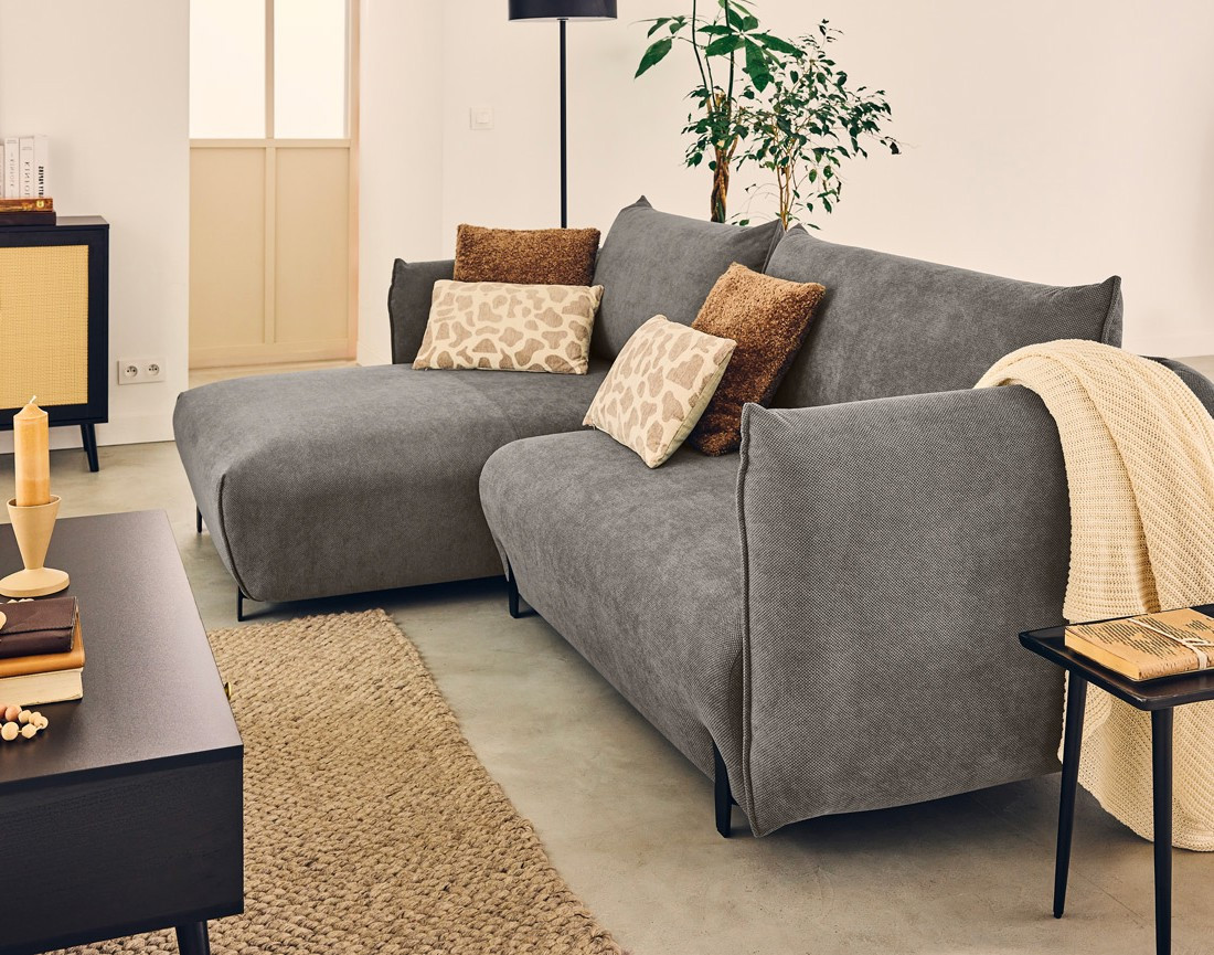 Canapé d'angle gauche 4 places convertible avec coffre en tissu Gianni