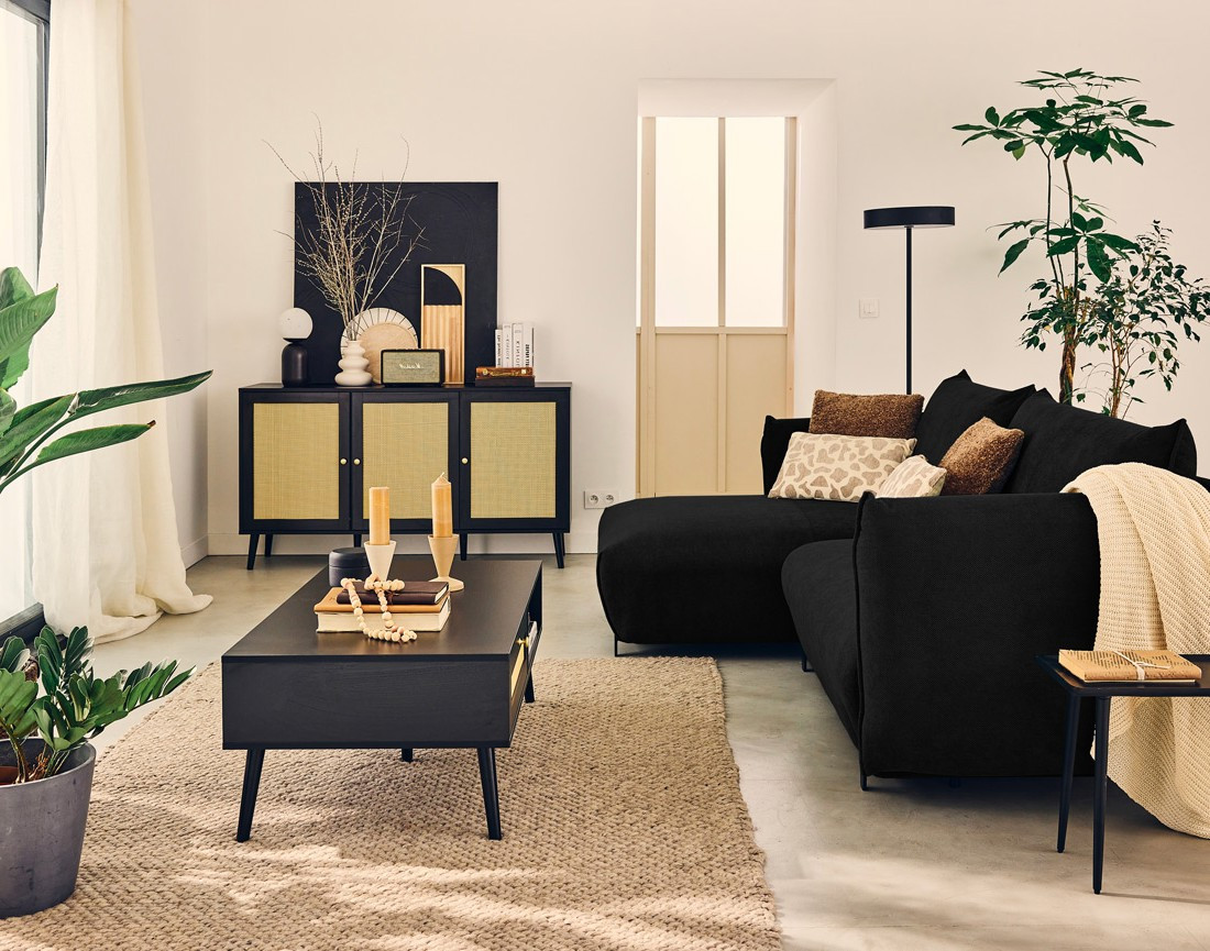 Canapé d'angle gauche 4 places convertible avec coffre en tissu Gianni