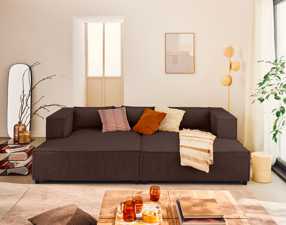 Canapé droit 3 places avec double méridienne - assise profonde - en velours côtelé Stella