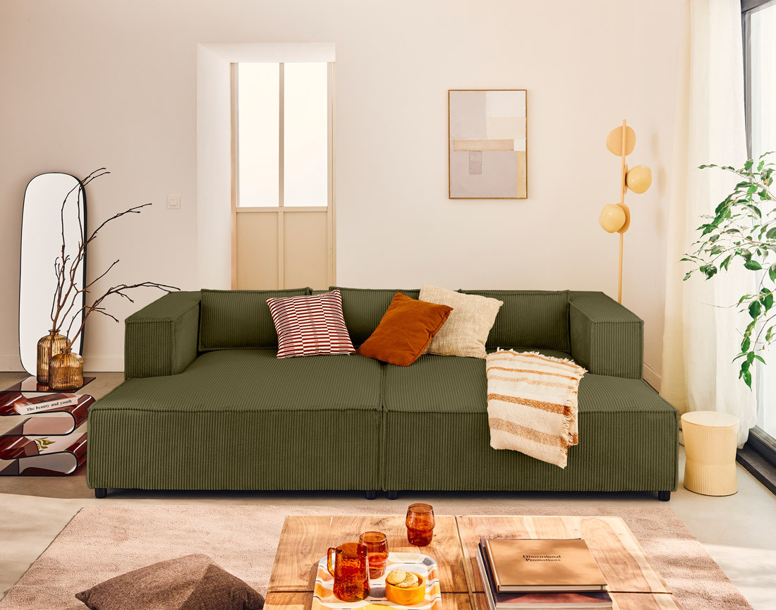 Canapé droit 3 places avec double méridienne - assise profonde - en velours côtelé Stella