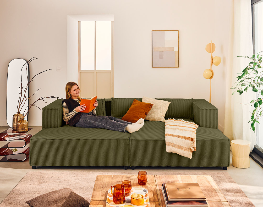 Canapé droit 3 places avec double méridienne - assise profonde - en velours côtelé Stella