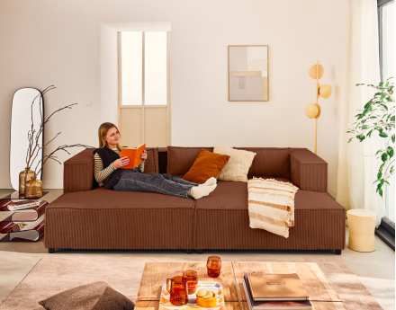 Canapé droit 3 places avec double méridienne - assise profonde - en velours côtelé Stella