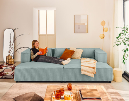 Canapé droit 3 places avec double méridienne - assise profonde - en velours côtelé Stella