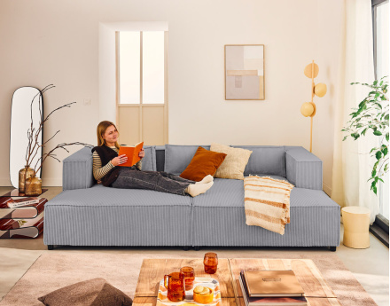 Canapé droit 3 places avec double méridienne - assise profonde - en velours côtelé Stella