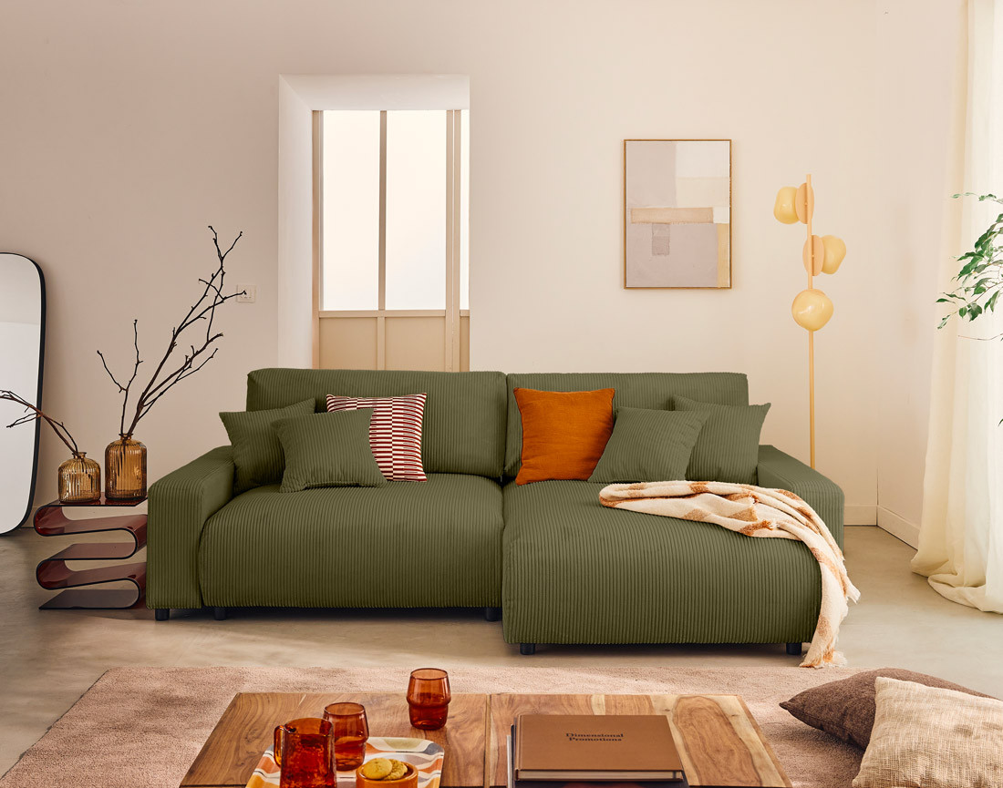 Canapé d'angle réversible 4 places convertible avec deux coffres en velours côtelé Pivoine