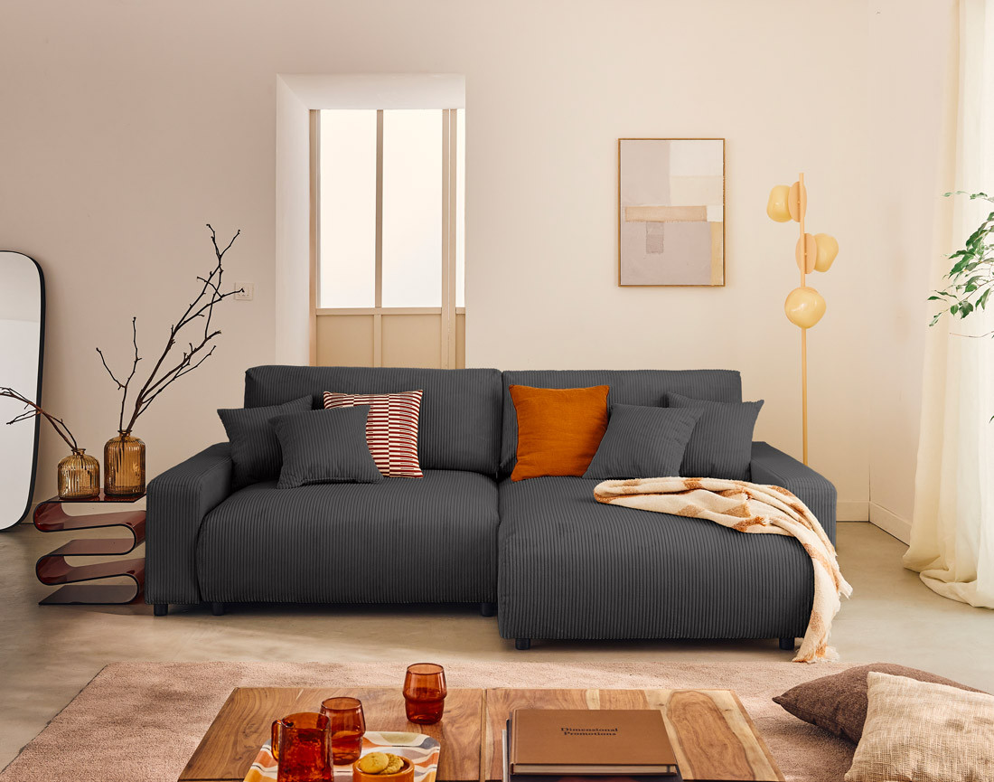 Canapé d'angle réversible 4 places convertible avec deux coffres en velours côtelé Pivoine