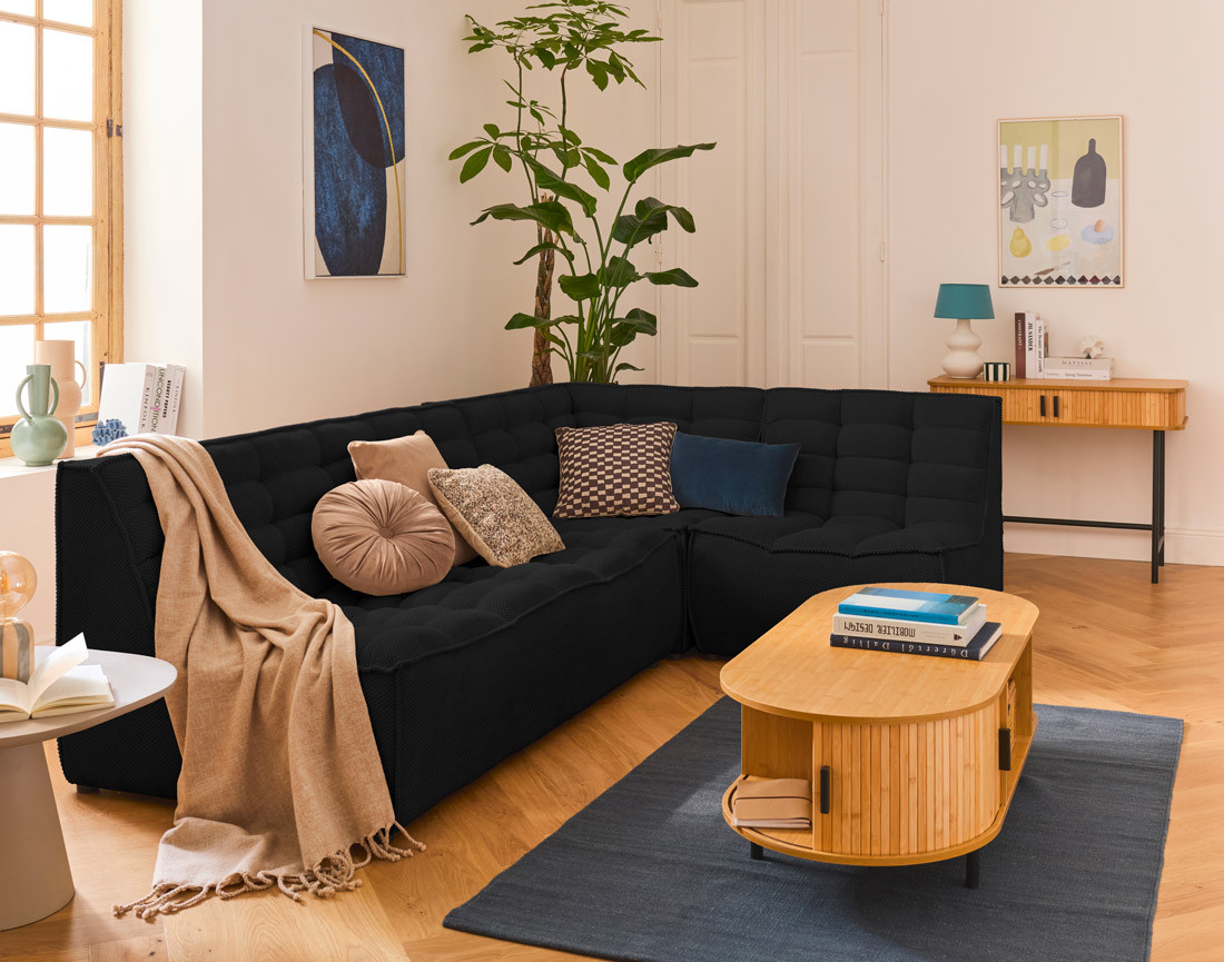 Canapé modulable d'angle réversible 4 places en velours texturé Ellie