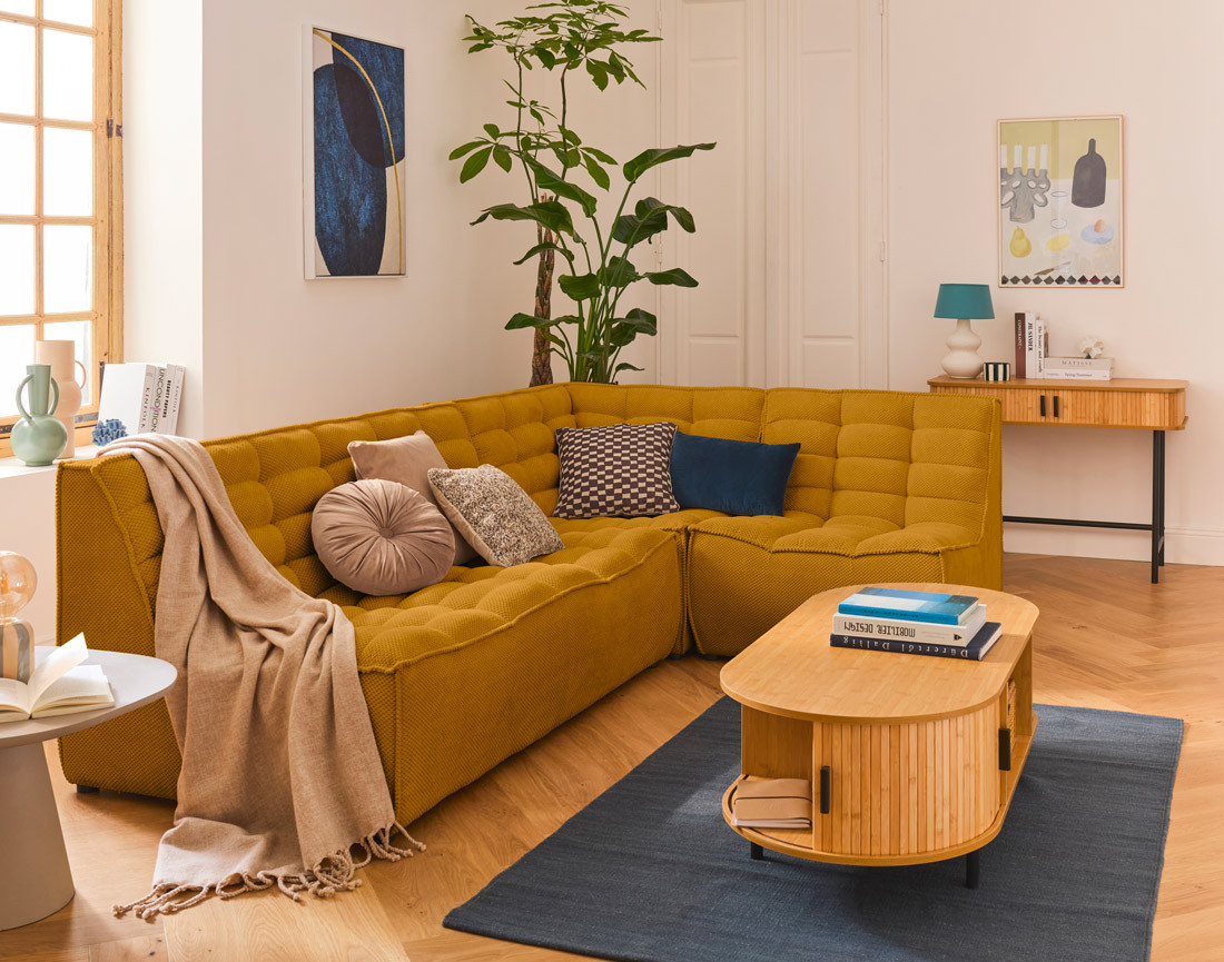 Canapé modulable d'angle réversible 4 places en velours texturé Ellie